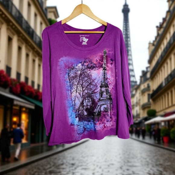 Just My Size JMS 2X Purple Eiffel Tower Long Sleeve Top - Picture 1 of 6